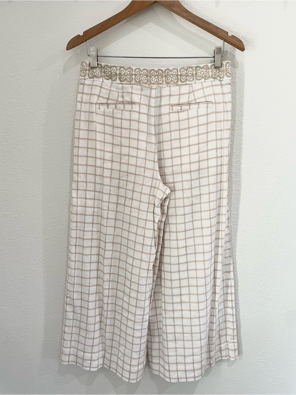 Anthropologie Wide Leg Linen Blend Pants Embroidered Cropped Boho Neutral - Picture 8 of 8